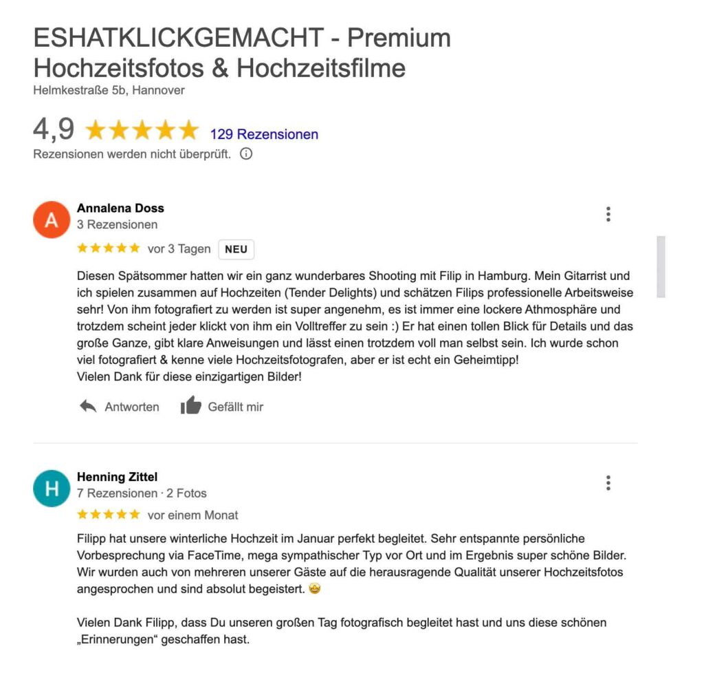 google bewertung hochzeitsfotograf