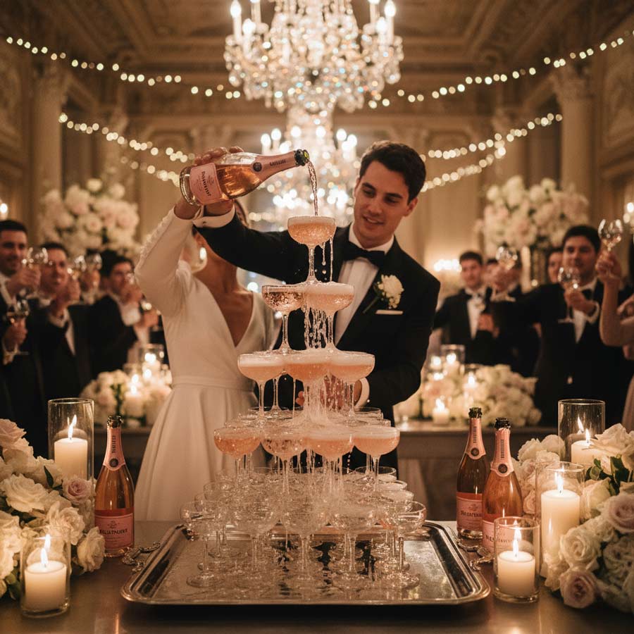 Ruinart Rosé Champagner für den Champagner Tower Hochzeit, zartrosa Schaumwein für einen eleganten Akzent.