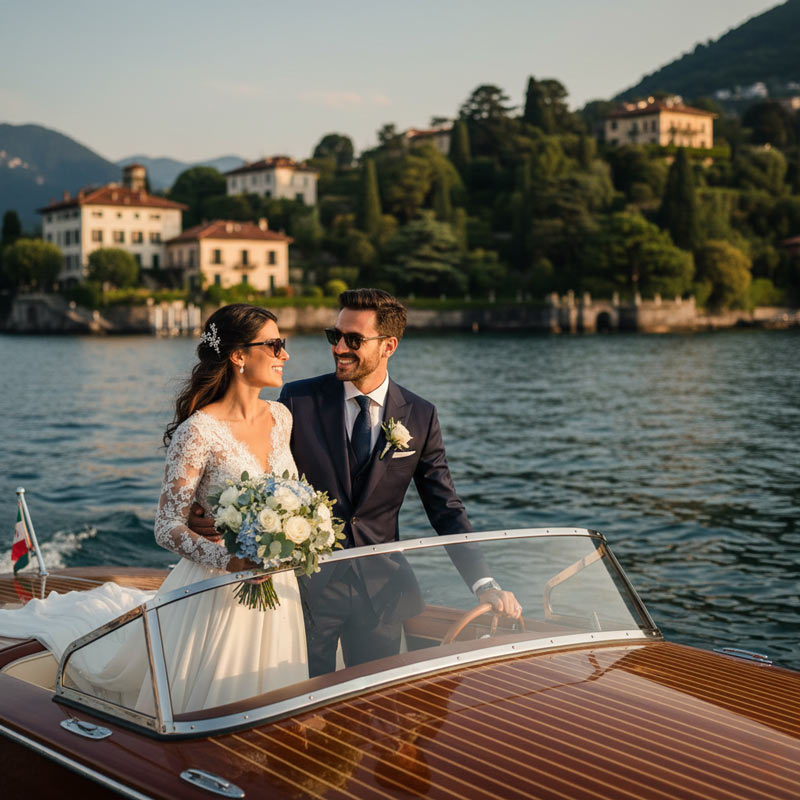 Romantische Hochzeit in Italien am Gardasee mit eleganten Blumenarrangements und Sonnenuntergang