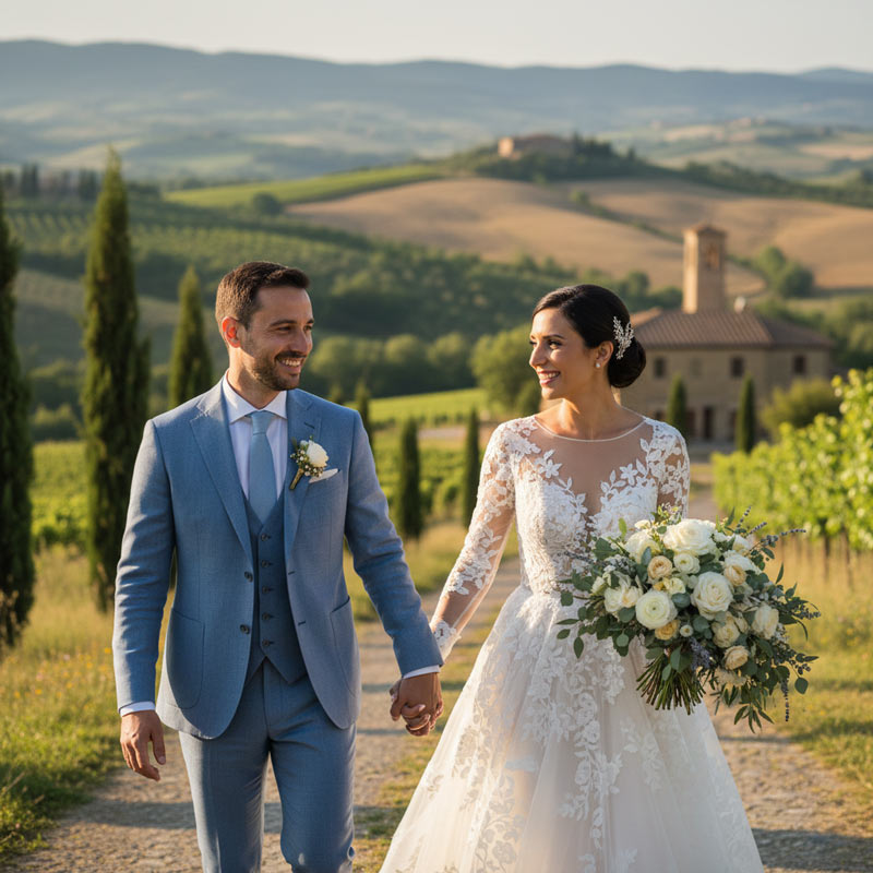 Elegante Hochzeit in Italien in einer malerischen Villa in der Toskana mit Weinbergen und Zypressen