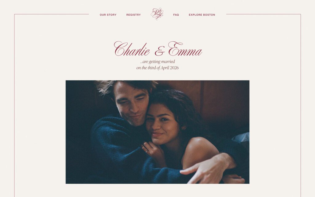 ein screenshot der  fiktiven landingpage aus dem Zendaya Hochzeit Film The Drama mit Robert Pettinson